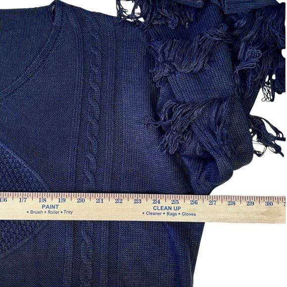 UMGEE Blue Sweater Fringe Bell Sleeves V Neck Boxy Cable Knit - Picture 6 of 9